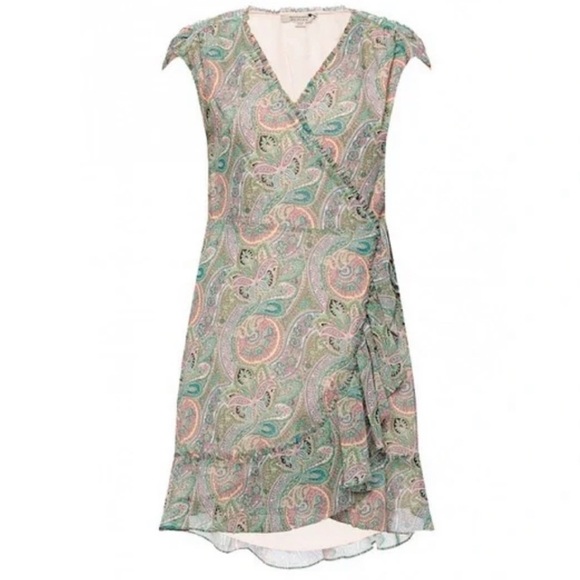 ALLSAINTS Zini Shahmina Paisley Wrap Mini Short Sleeve Dress Green Pink size 6 - Picture 3 of 17